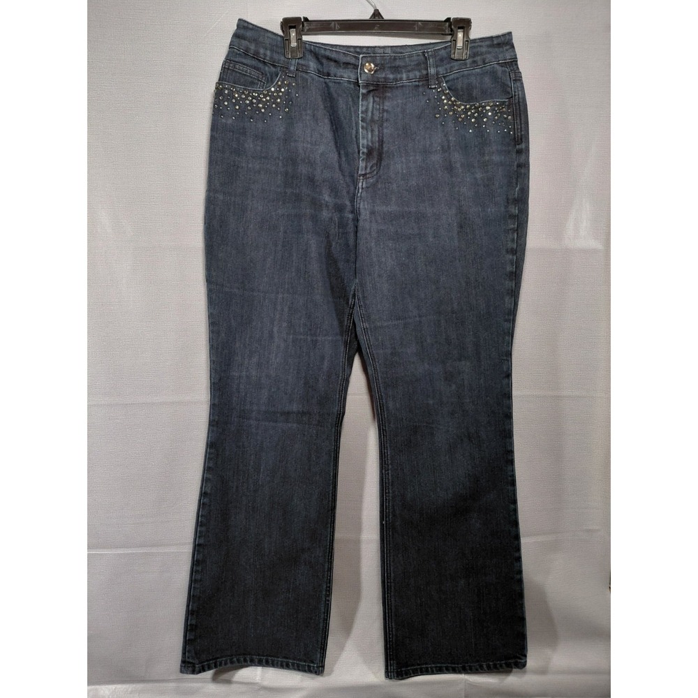 Chico's Platinum Rhinestone Flared Jeans LG 14 Dark Wash Denim Embellished‎